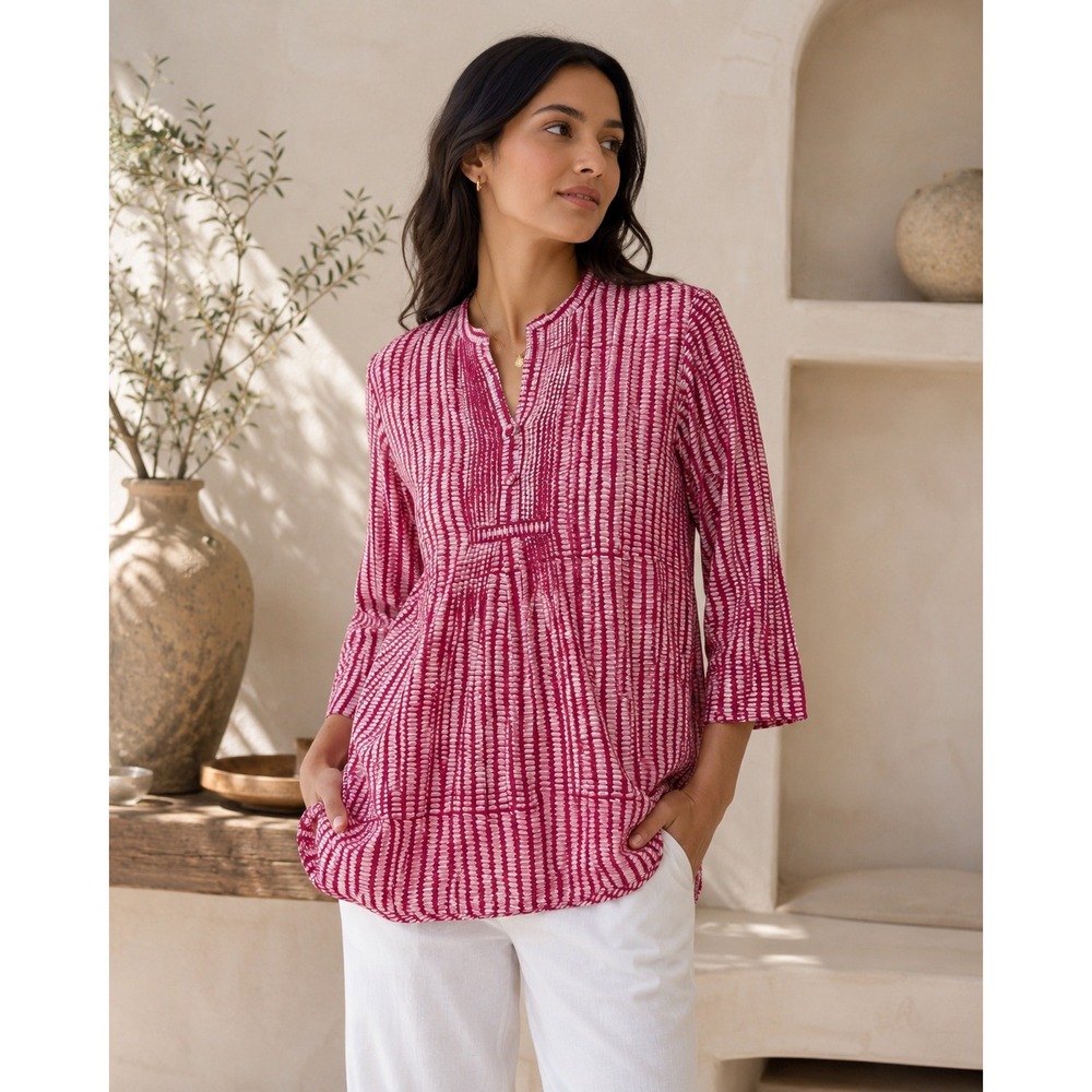 Anokhi Raspberry Hand Block Print Cotton Tunic Top S Boho India Pink 3/4 Sleeve